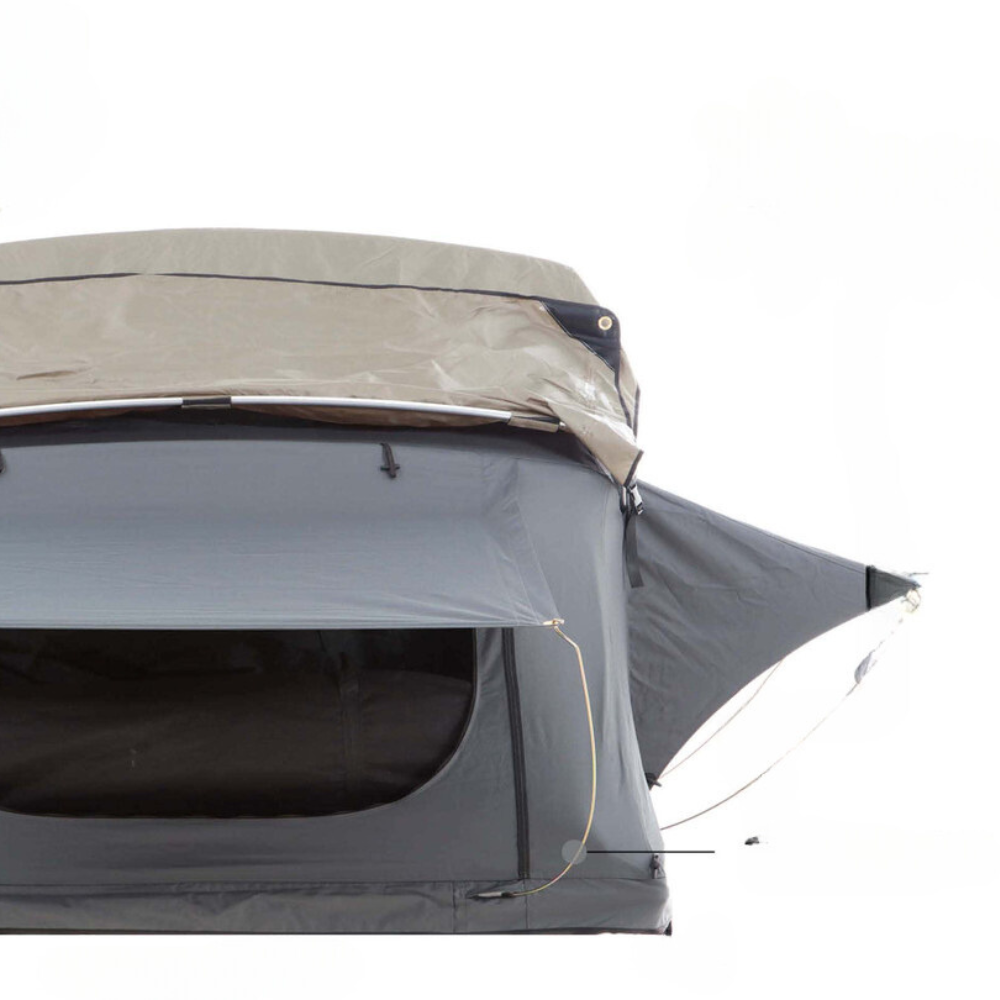 Extended Roof Top Tent in Dark Gray rain fly up