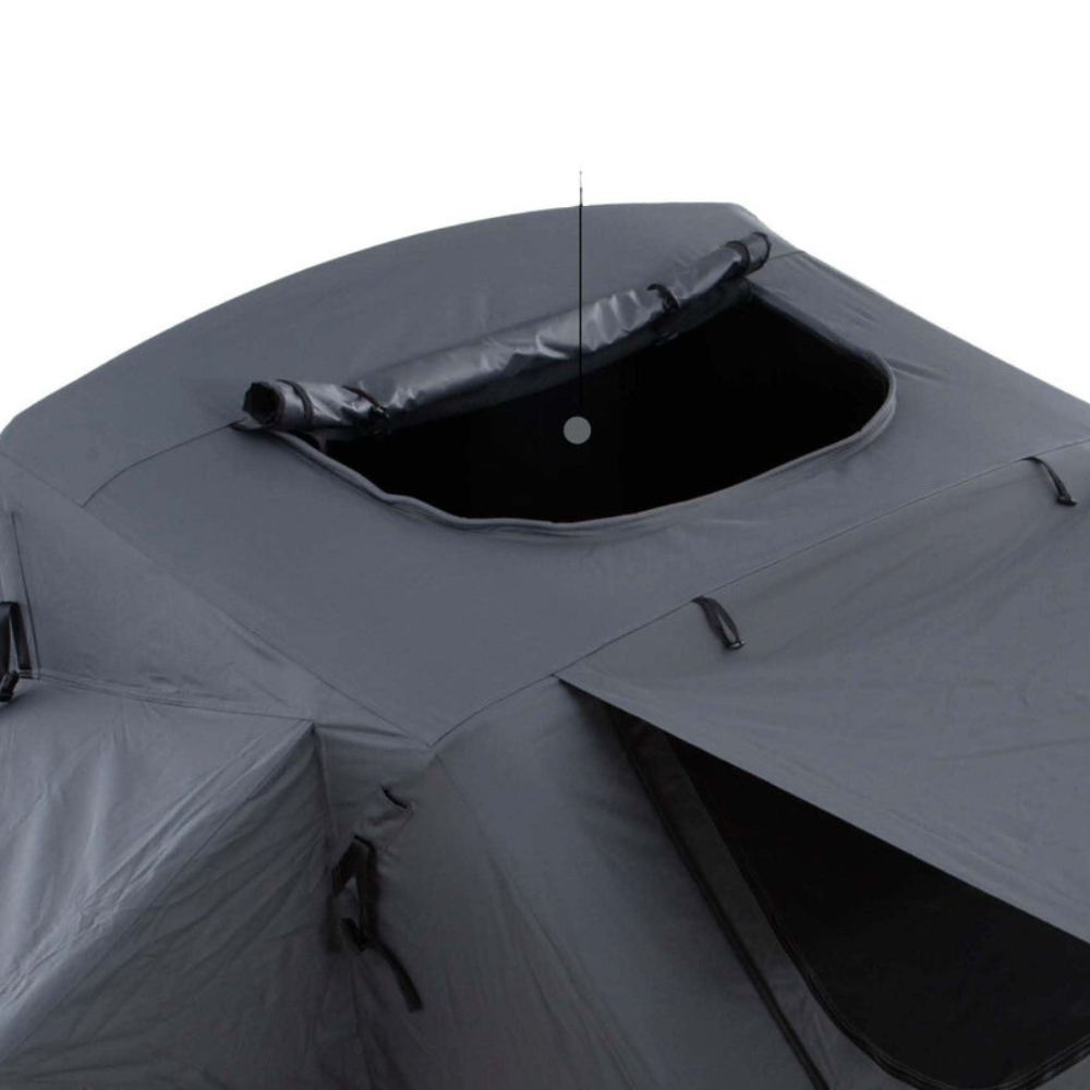 Extended Roof Top Tent in Dark Gray with top opened